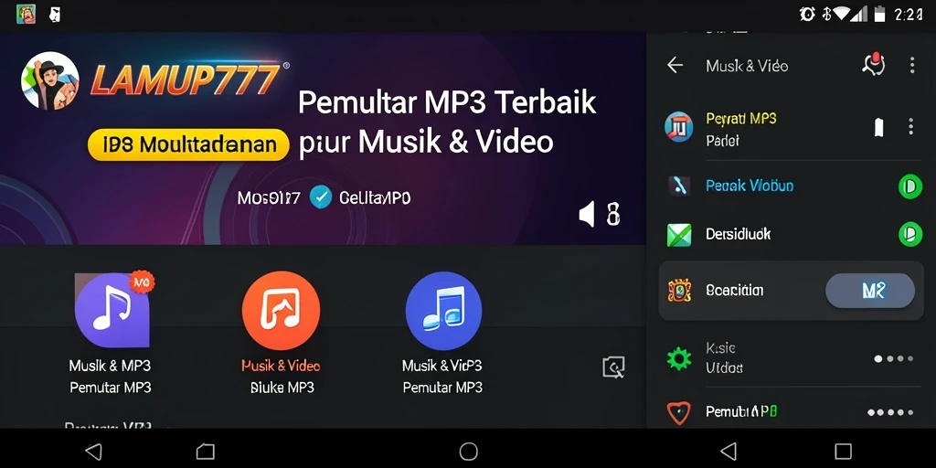 Tampilan antarmuka aplikasi Pemutar MP3 LAMPU777 yang user-friendly.