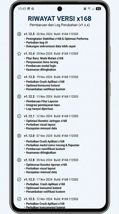 Tampilan riwayat versi x168